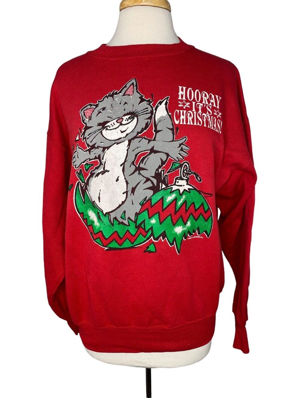 Vintage 80s 90s Christmas Cat Sweatshirt Large Unisex Made in USA Puff Paint